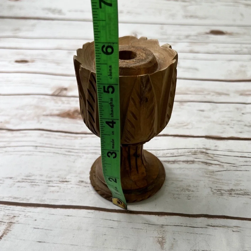 Boho Wood Candlestick Holder Brown Hand Carved Leaf Motif 6in
